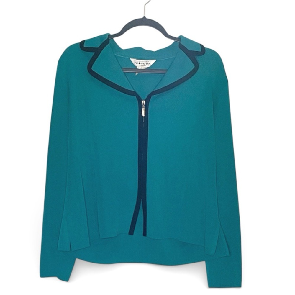 Misook Teal Zip Front Sweater
